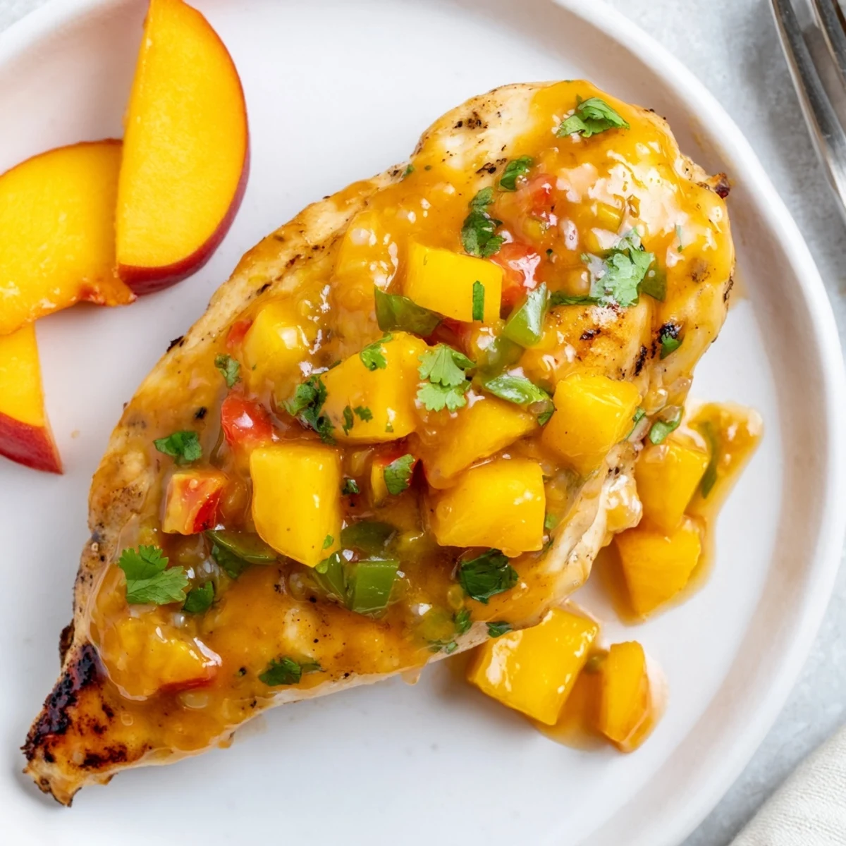 Juicy chicken breasts topped with caramelized peach jalapeno glaze on a white plate