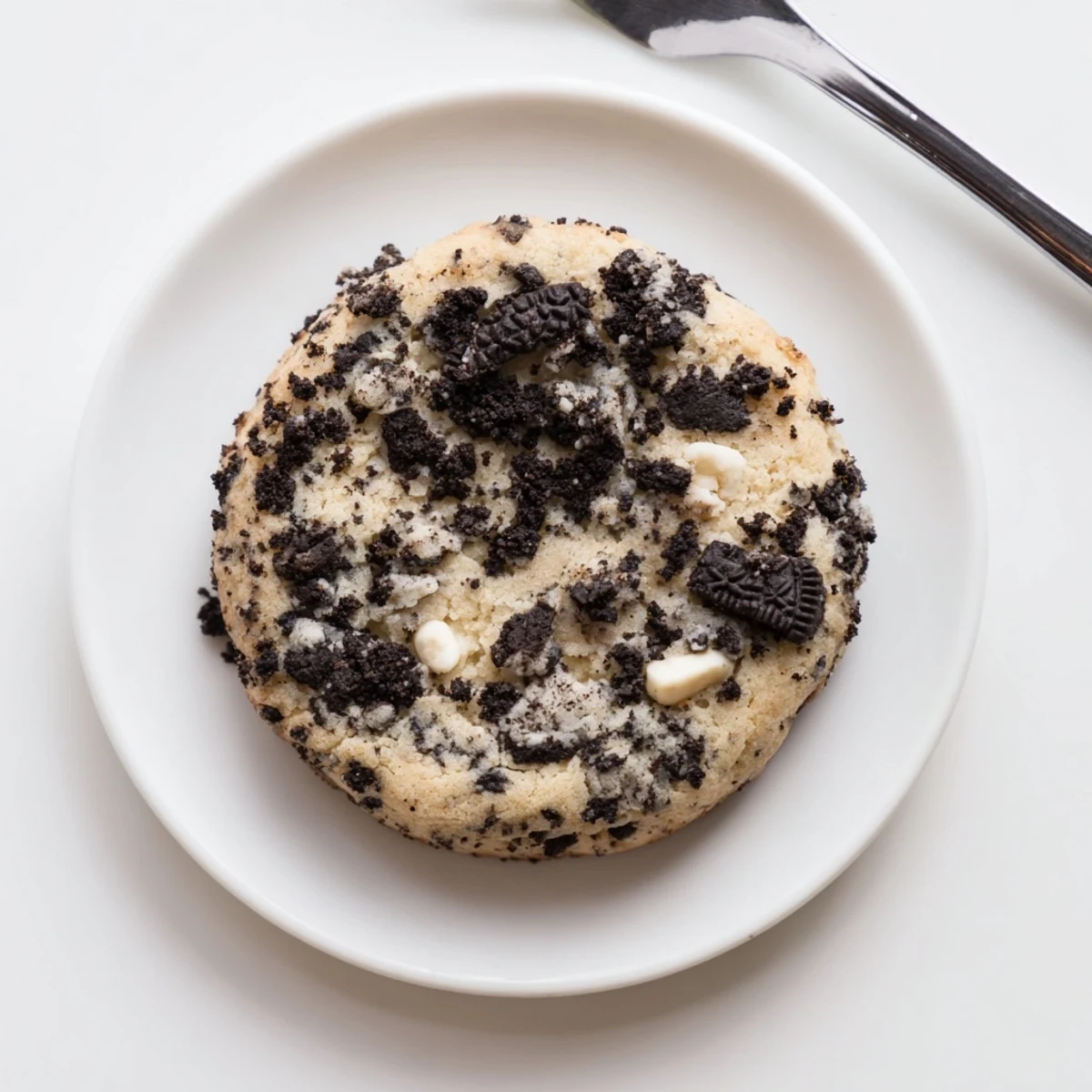 Soft chewy cookies and cream cookie with white chocolate chips and crushed Oreos on rustic baking sheet