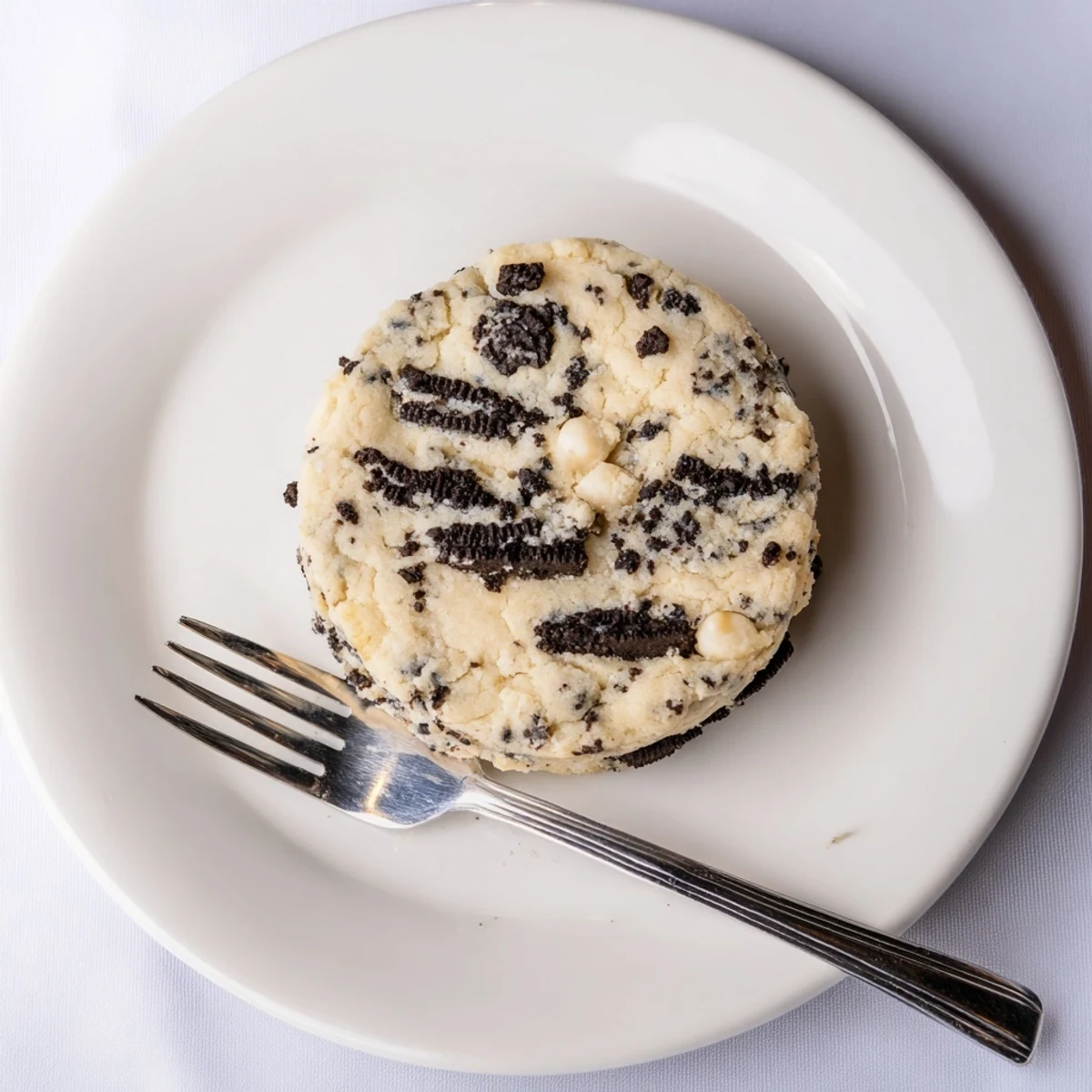 Warm cookies and cream cookie fresh from oven featuring golden edges and speckled cream filling