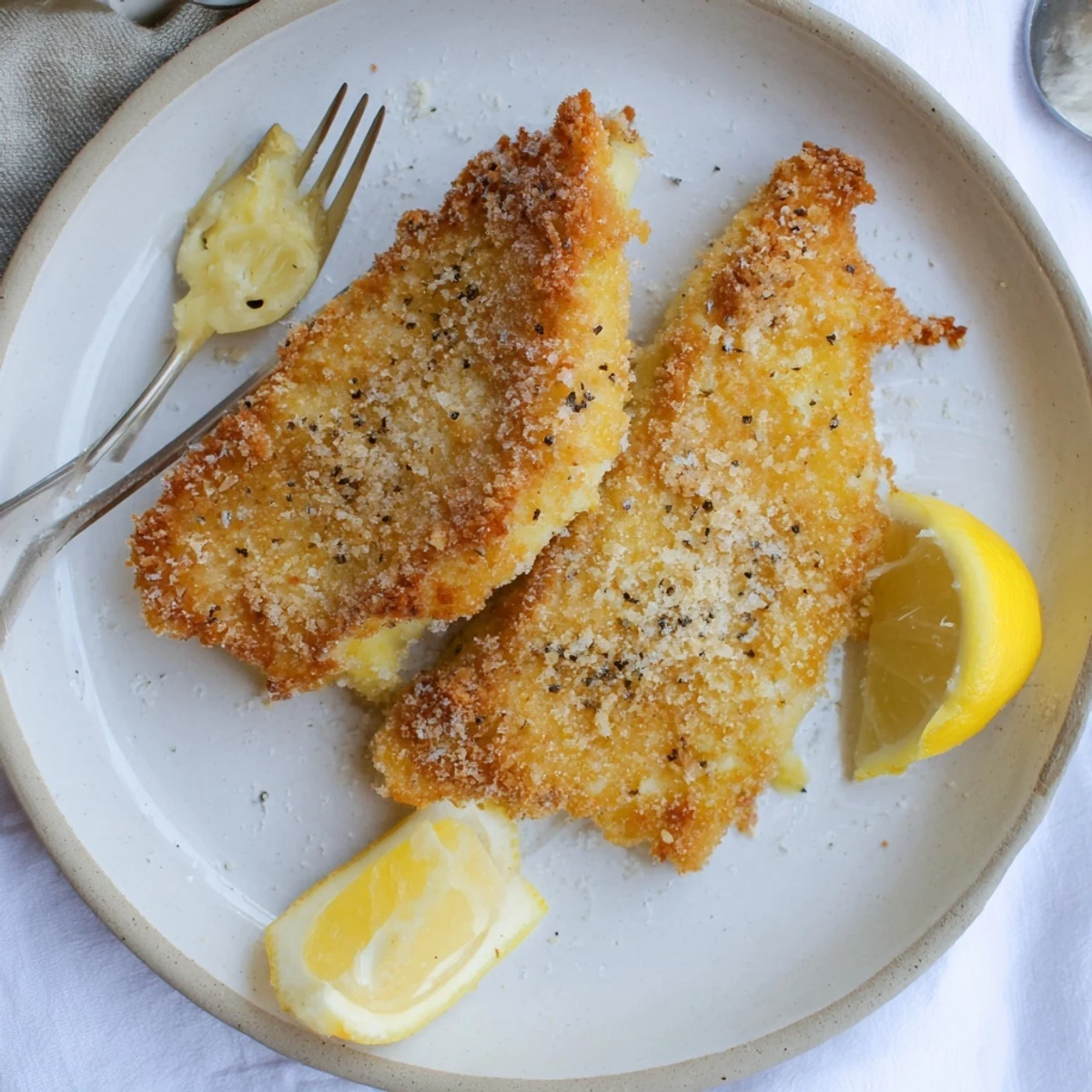 Golden crispy Greek fried cheese sizzling in skillet with fresh lemon wedges nearby