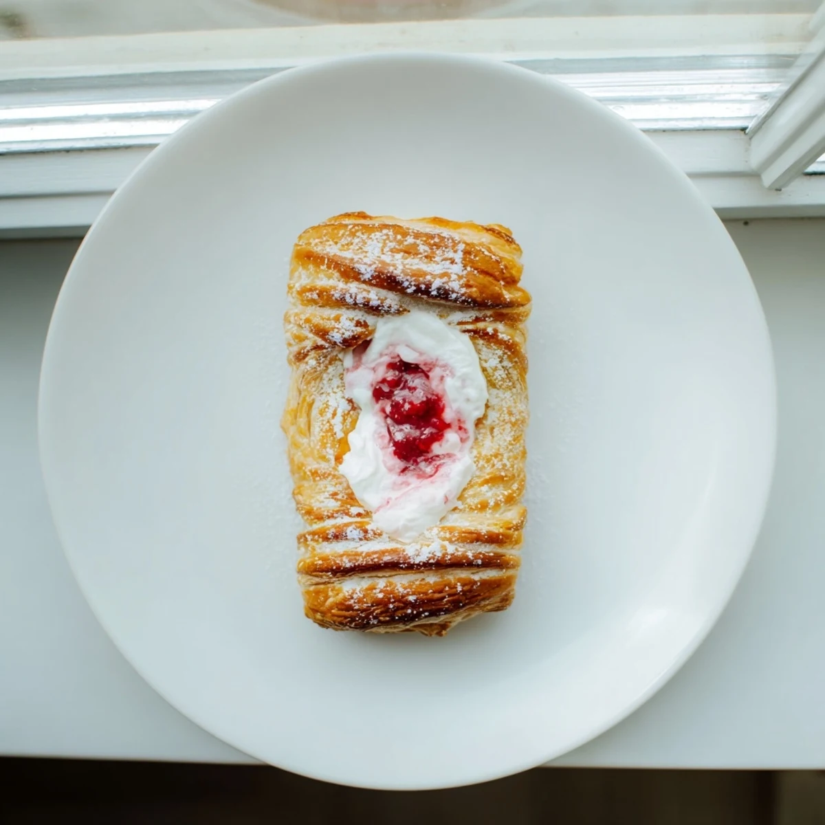 Flaky pastries filled with tangy cream cheese and bright red raspberries, fresh from the oven