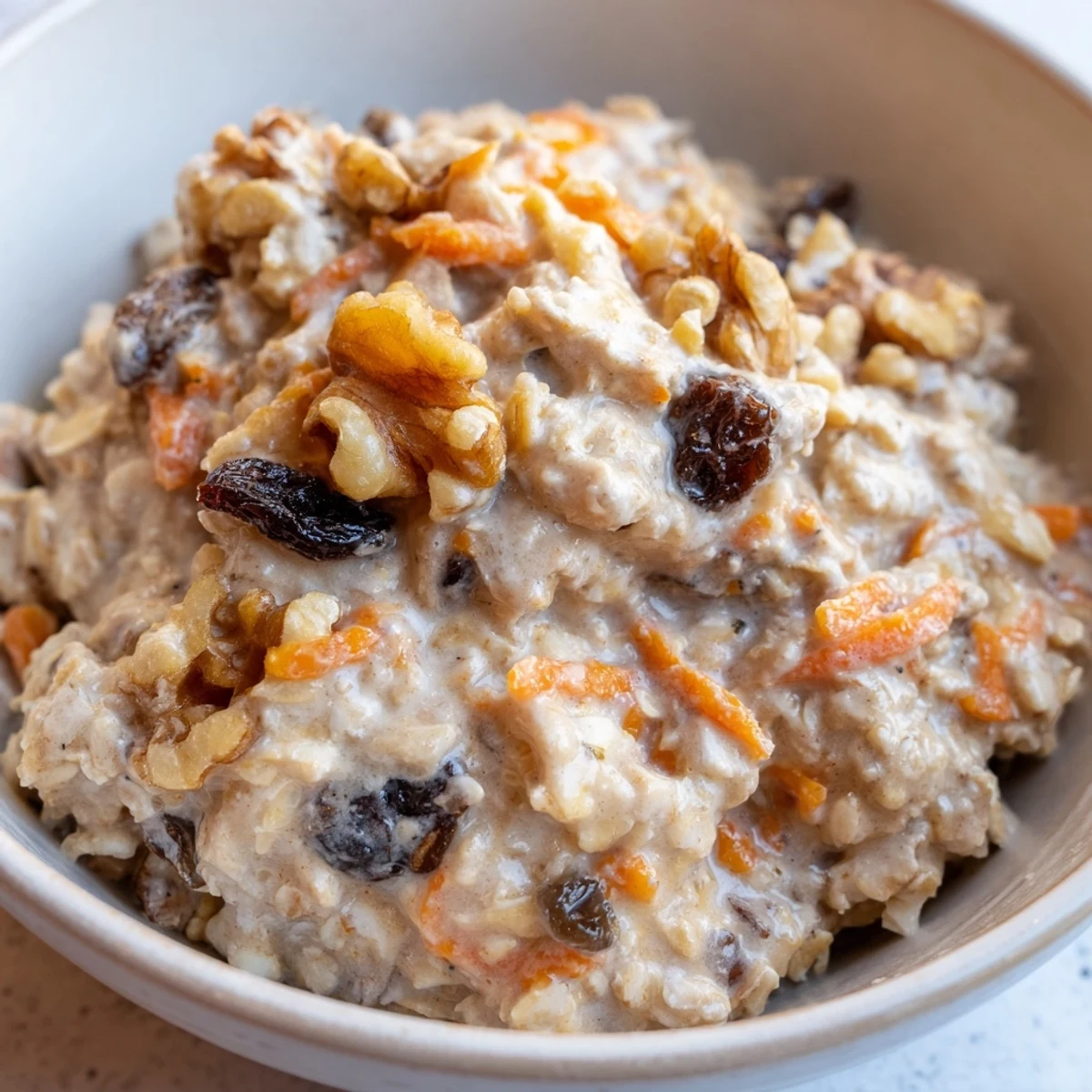Creamy carrot cake overnight oats topped with crunchy walnuts in a mason jar