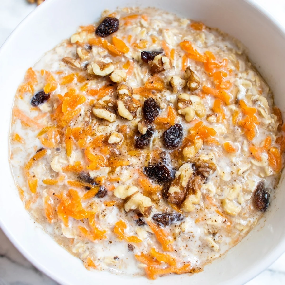 Carrot cake overnight oats with grated carrots, raisins, and a cinnamon sprinkle