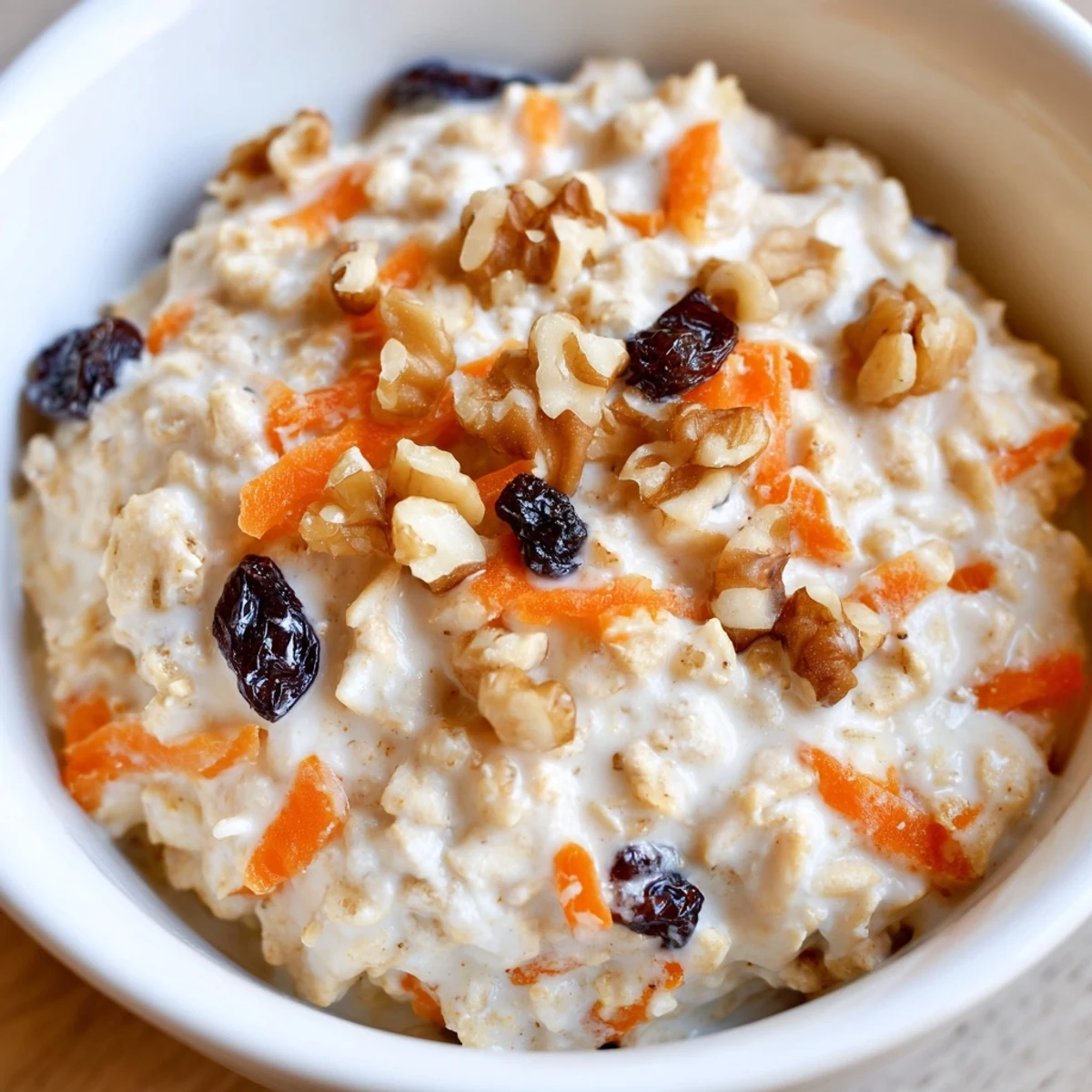 Spoon scooping into thick carrot cake overnight oats with visible spices and nuts