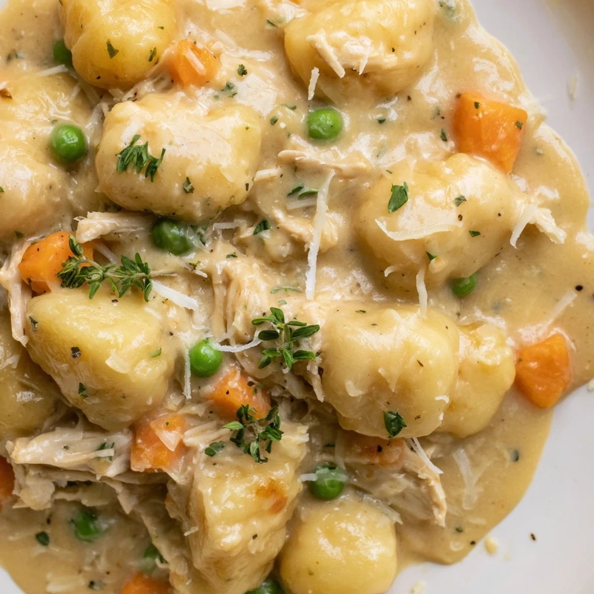 Creamy one pot gnocchi chicken pot pie with tender vegetables in golden skillet sauce