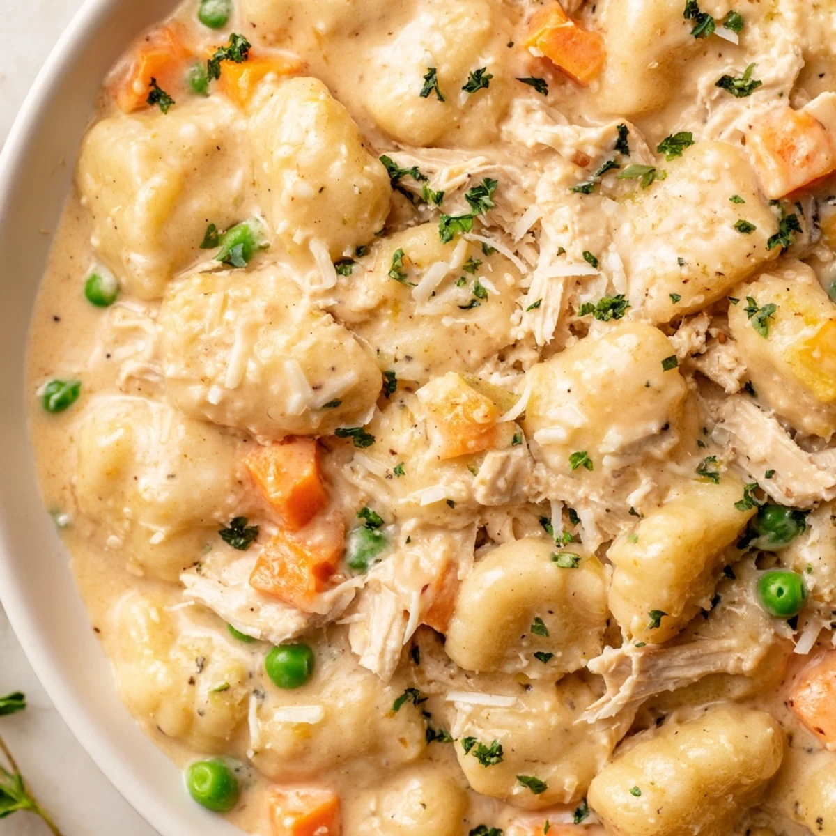One pot gnocchi chicken pot pie topped with fresh parsley garnish in rustic Dutch oven