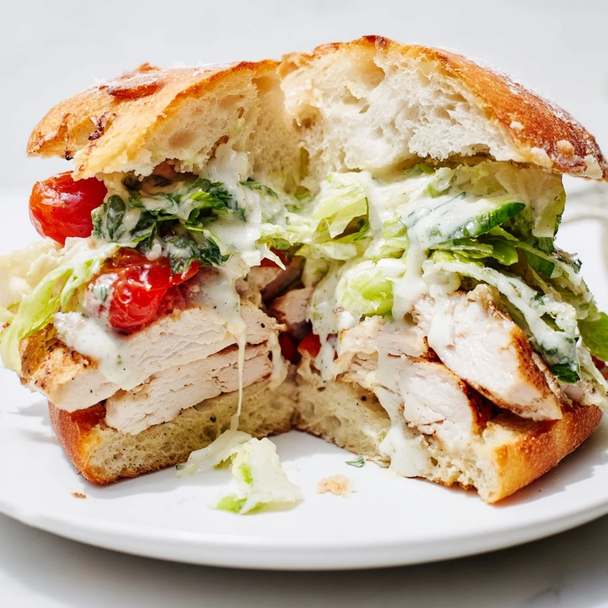 Grilled chicken Caesar sandwich on toasted ciabatta with crisp romaine and creamy dressing