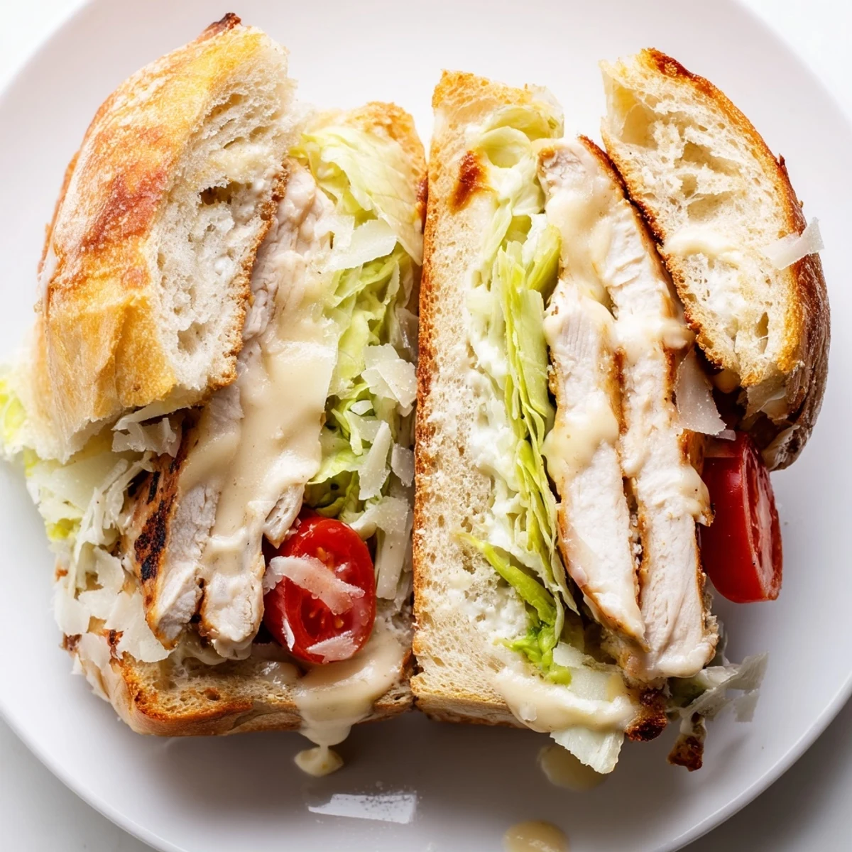 Juicy sliced chicken Caesar sandwich layered with shaved Parmesan and fresh crunchy lettuce