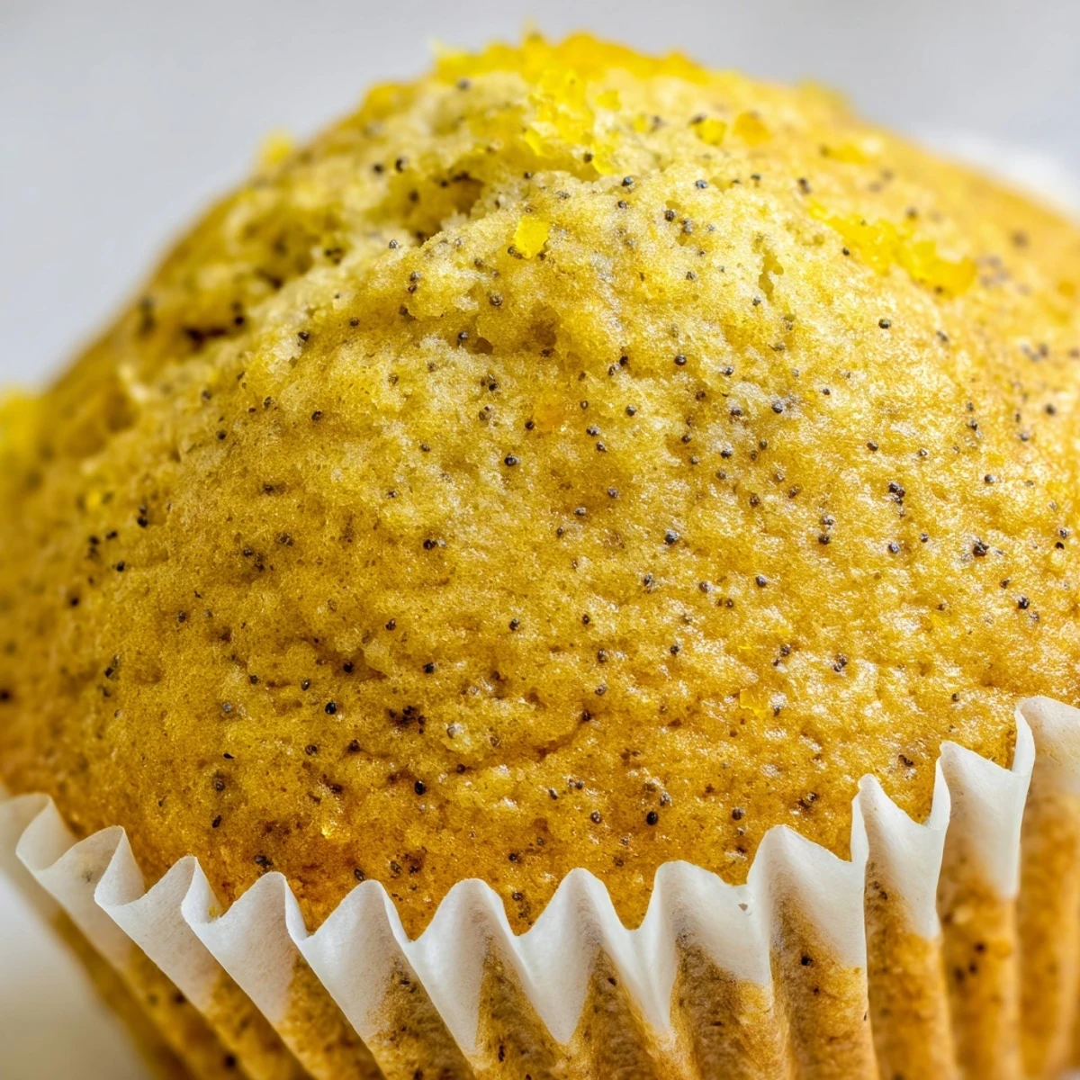 Golden lemon poppy seed muffins with domed tops fresh from the oven on a wire cooling rack