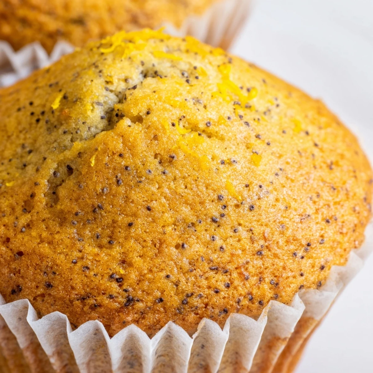 Moist lemon poppy seed muffins studded with speckled seeds beside a bowl of fresh zest