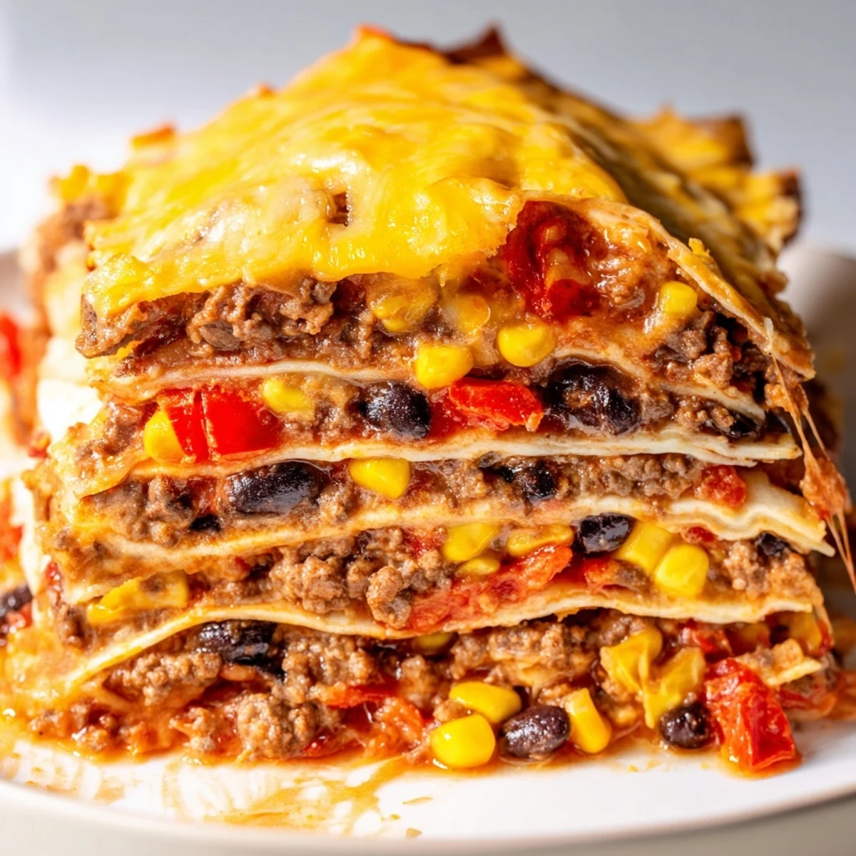 Golden bubbling Mexican lasagna with layers of spiced beef beans and melted cheese