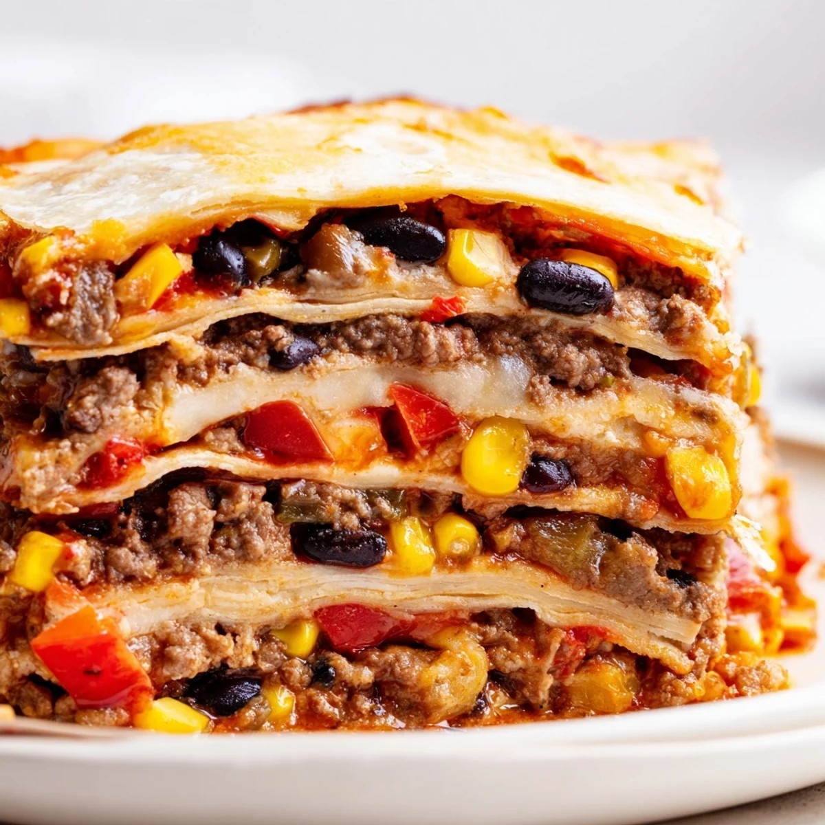 Steaming hot Mexican lasagna fresh from oven with gooey cheese and colorful toppings