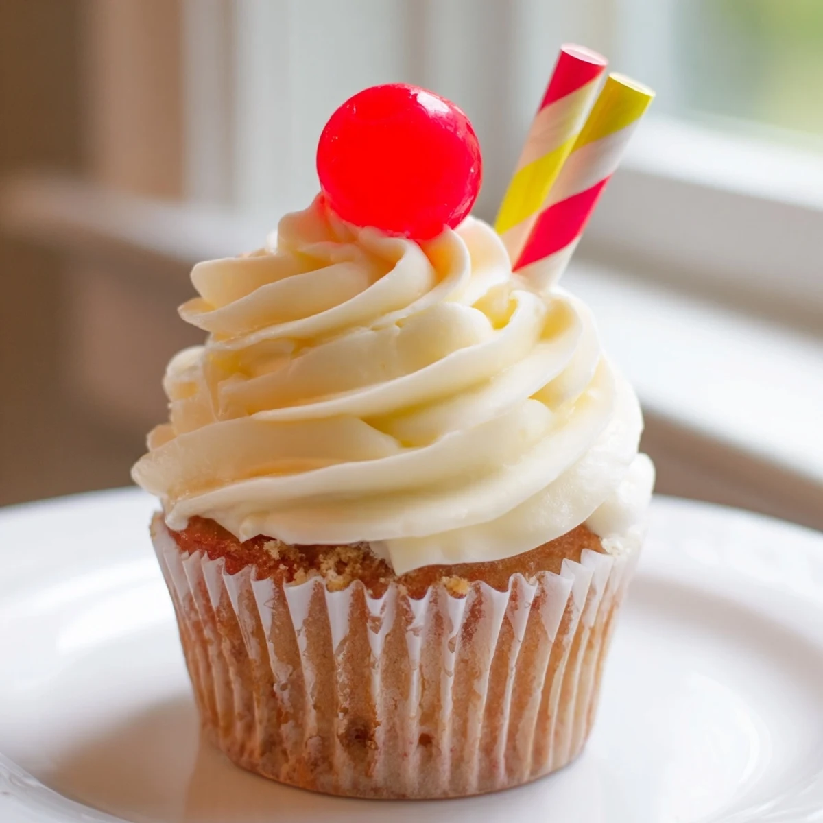 Moist banana milkshake cupcakes topped with creamy frosting and garnished with whipped cream and cherries