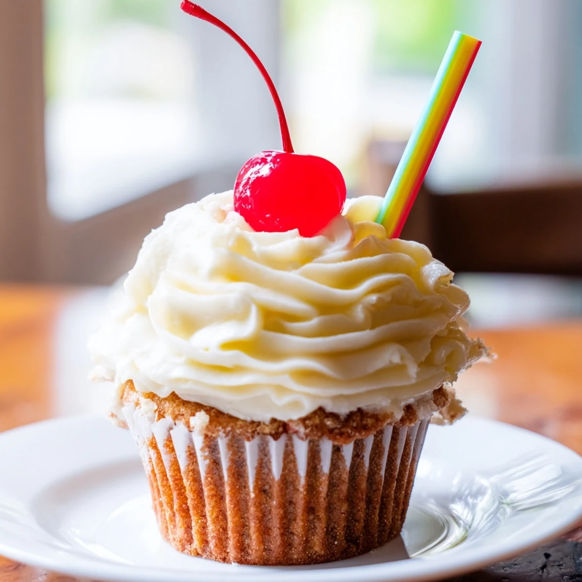 Fresh baked banana milkshake cupcakes with swirled vanilla frosting served on a rustic white plate