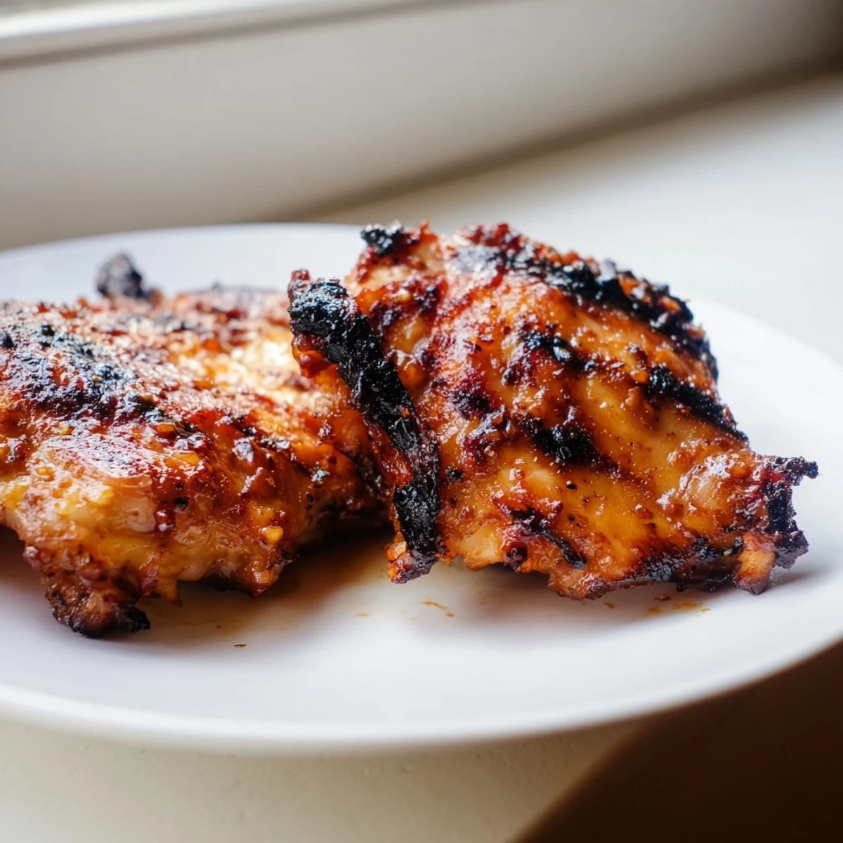 Golden crispy chicken thighs glazed with killer chicken thigh marinade fresh off the grill