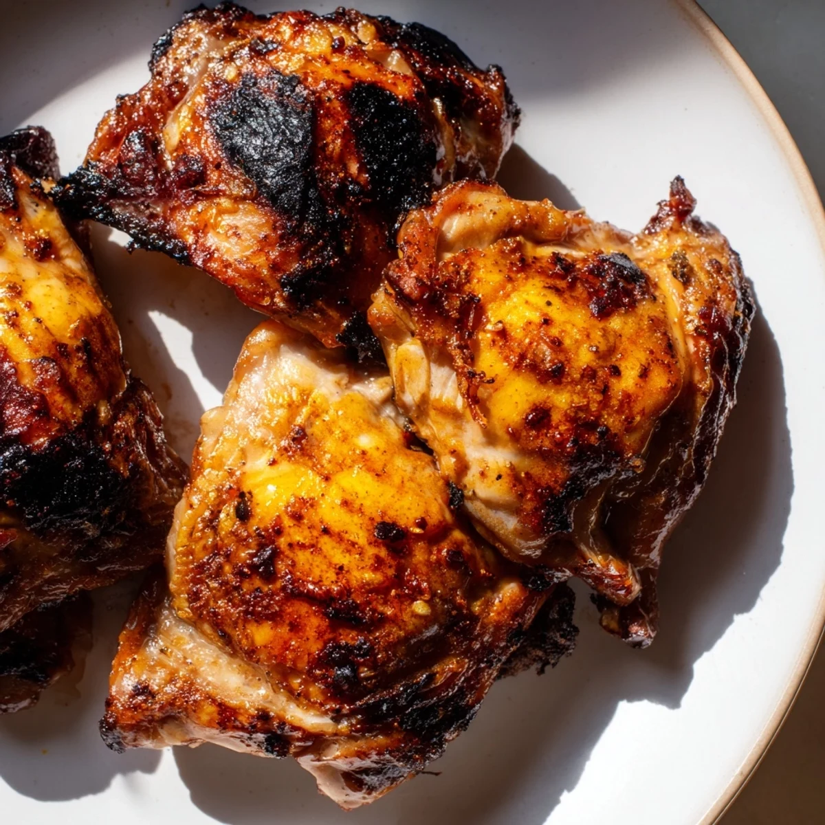 Juicy bone-in chicken thighs coated in killer chicken thigh marinade with caramelized herb edges