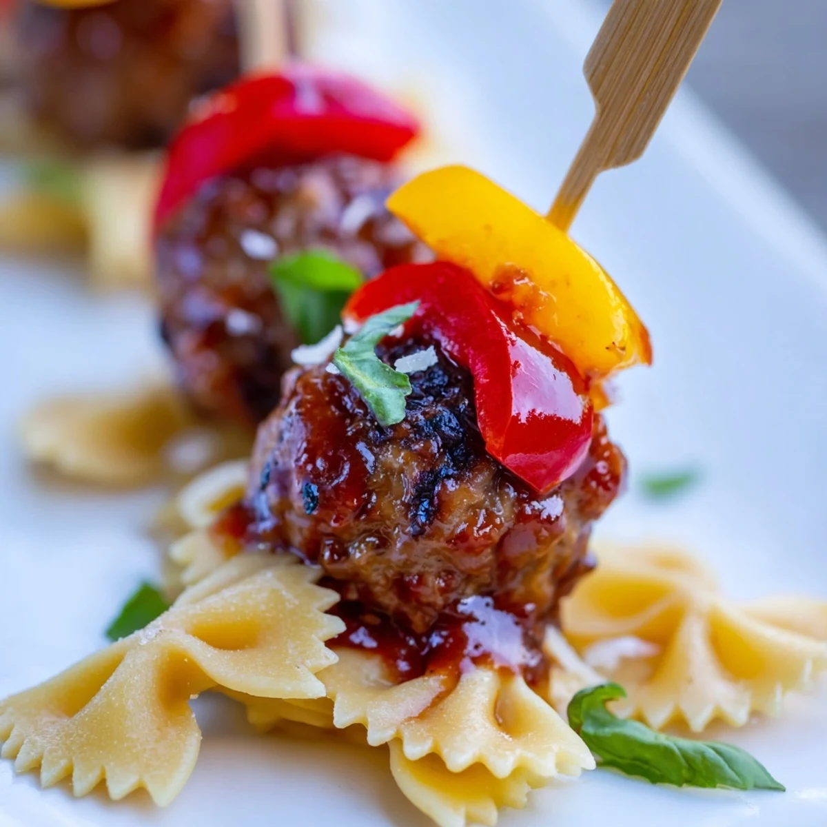 Bowtie pasta and cocktail meatball skewers arranged on a platter with colorful bell peppers and tomatoes