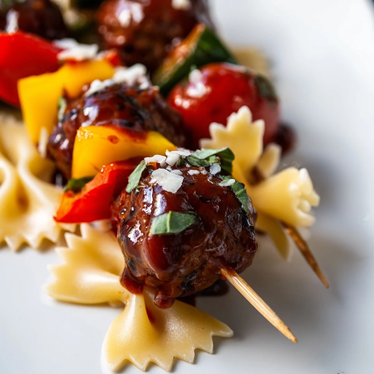 Glazed cocktail meatballs with bowtie pasta on wooden skewers drizzled with sauce and Parmesan