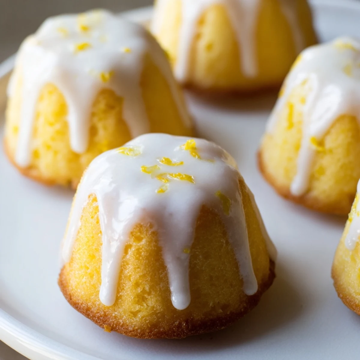 Golden mini lemon cakes drizzled with tangy glaze on a white serving plate
