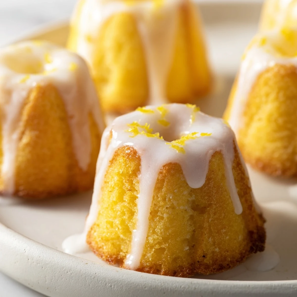Moist mini lemon cakes topped with powdered sugar glaze and fresh zest