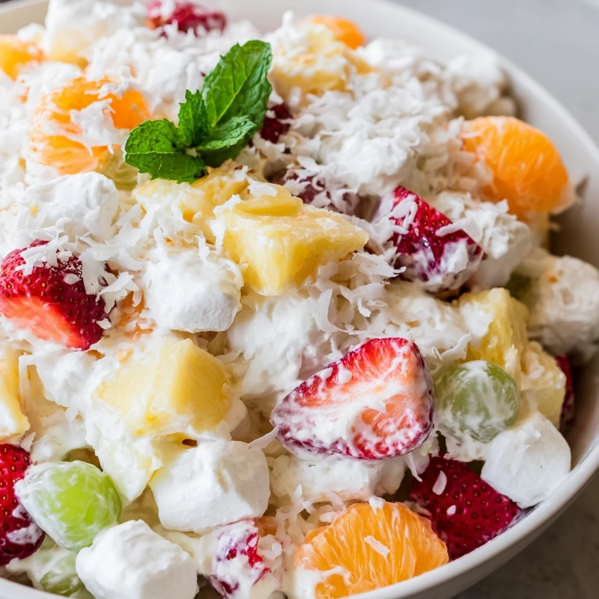 Creamy Hawaiian Cheesecake Salad loaded with tropical pineapple, strawberries, and mandarin oranges in bowl
