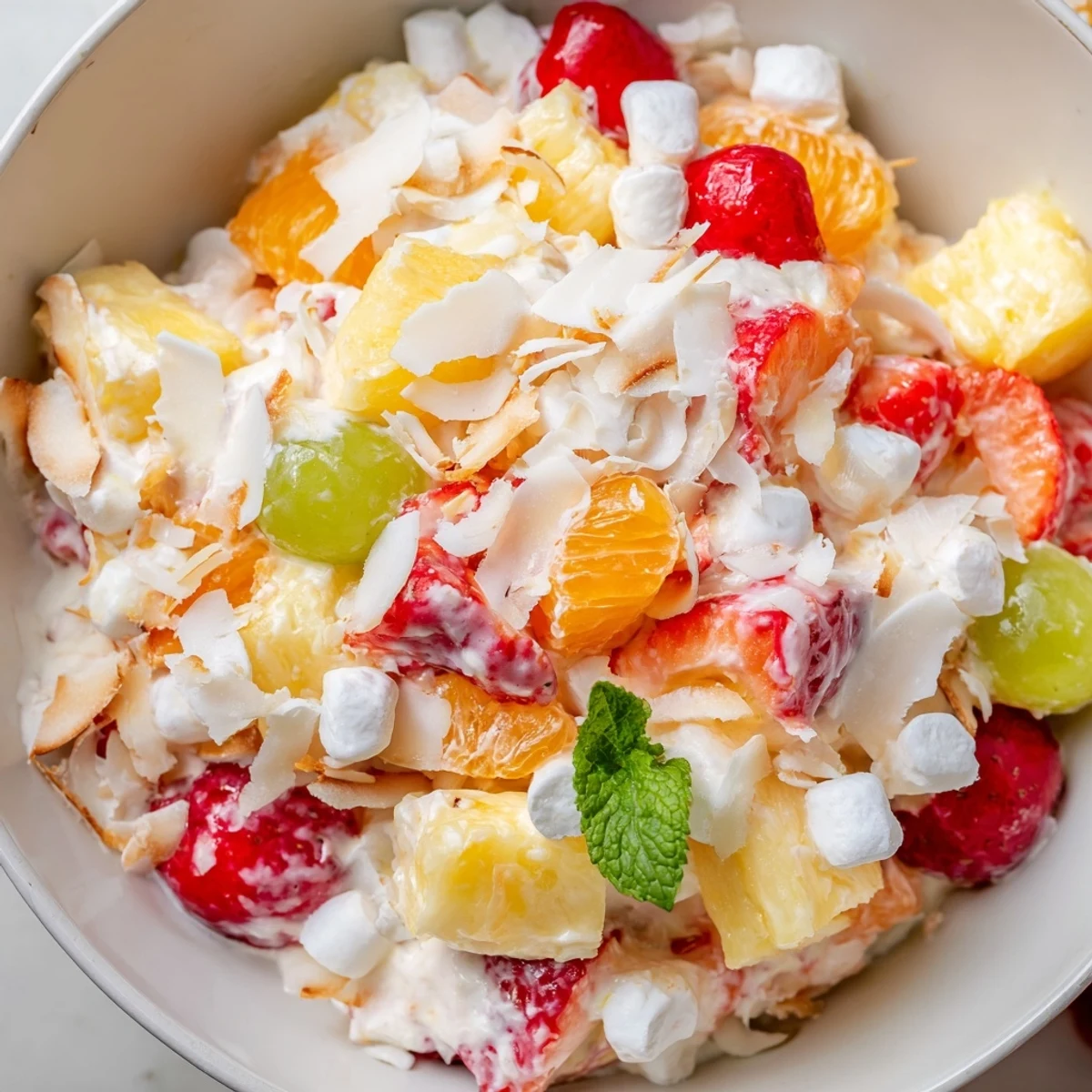 Luscious Hawaiian Cheesecake Salad topped with toasted coconut and fresh mint garnish