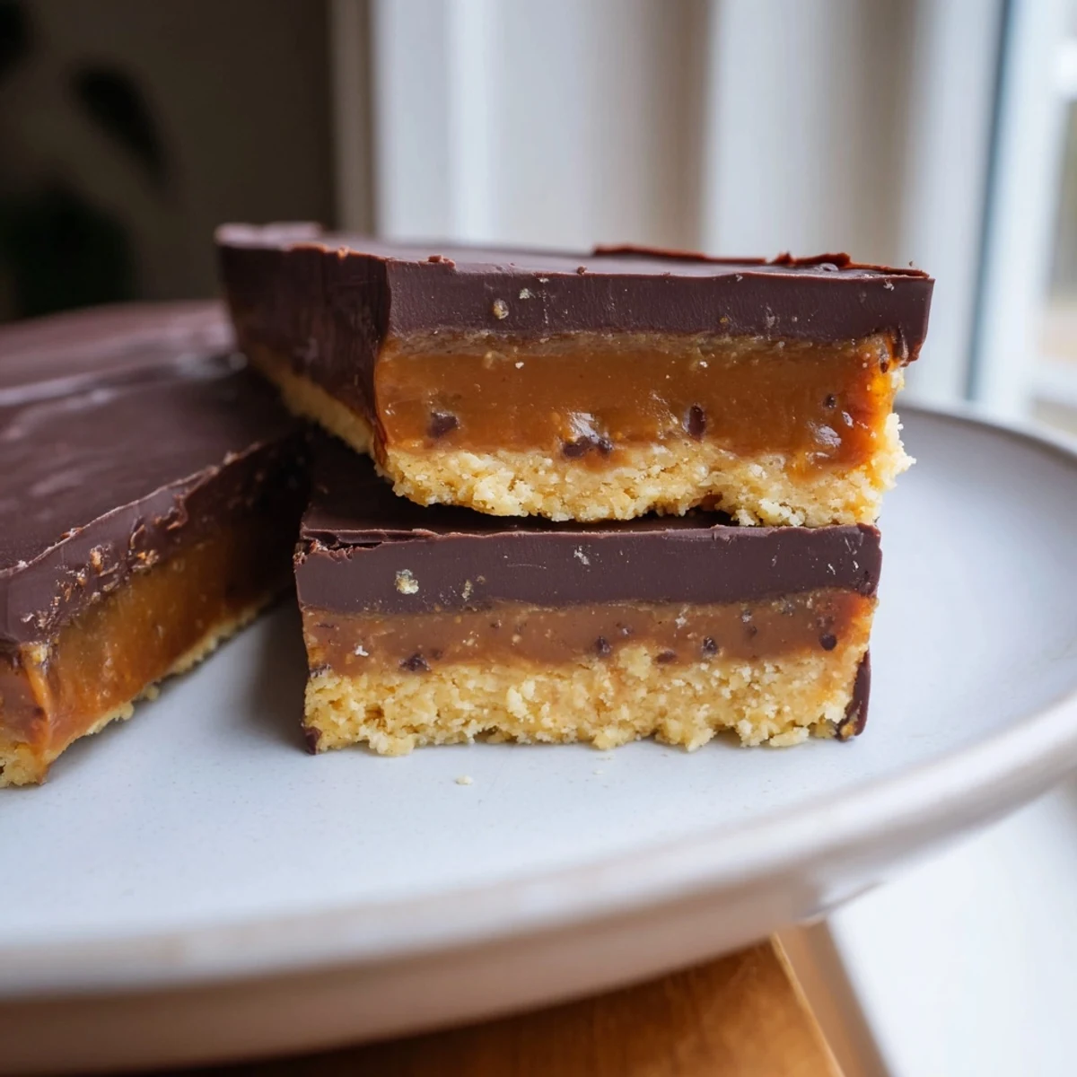 Golden Healthy Twix Bars with glossy chocolate topping and creamy caramel on wooden board