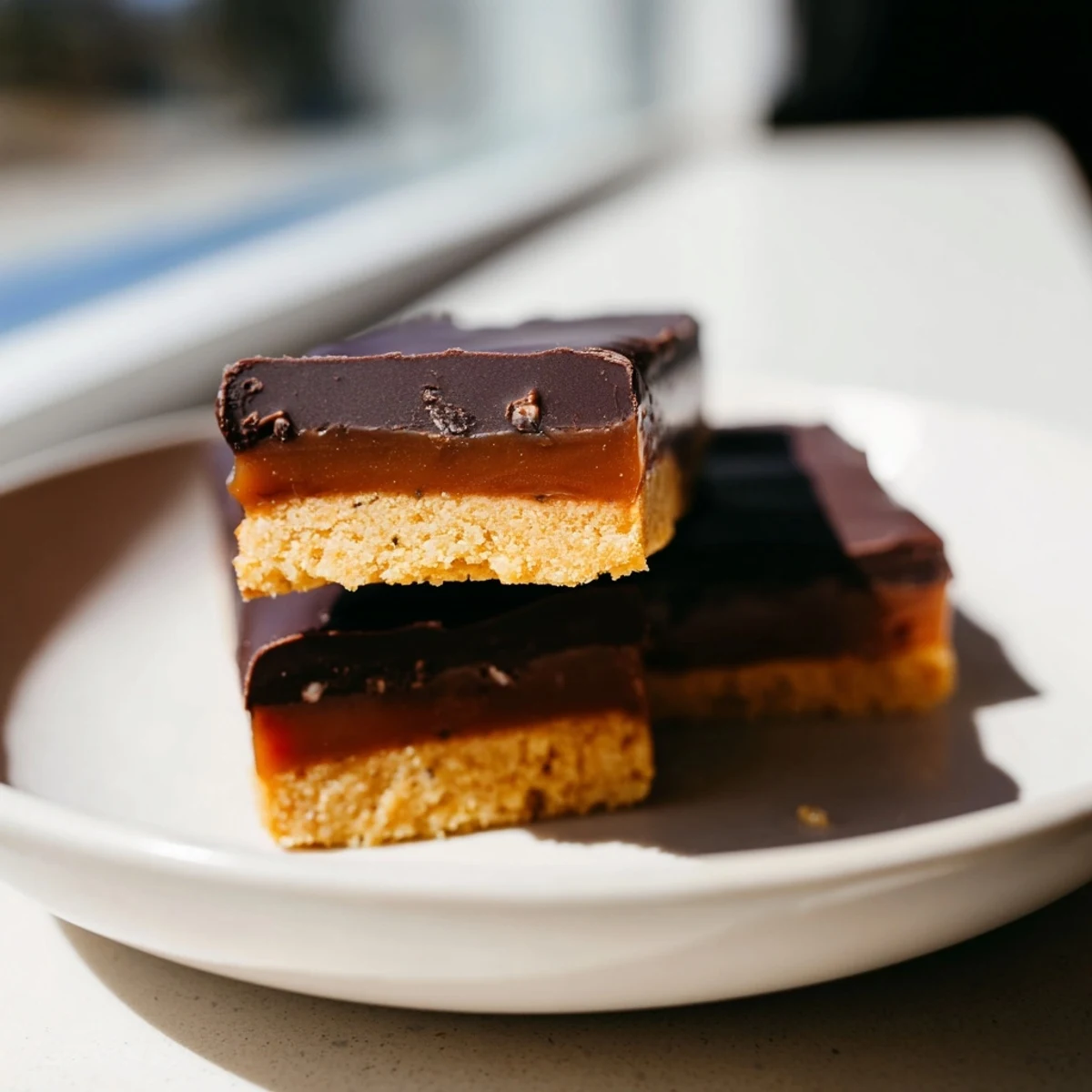 Healthy Twix Bars cut into squares revealing nutty crust and silky date caramel layer