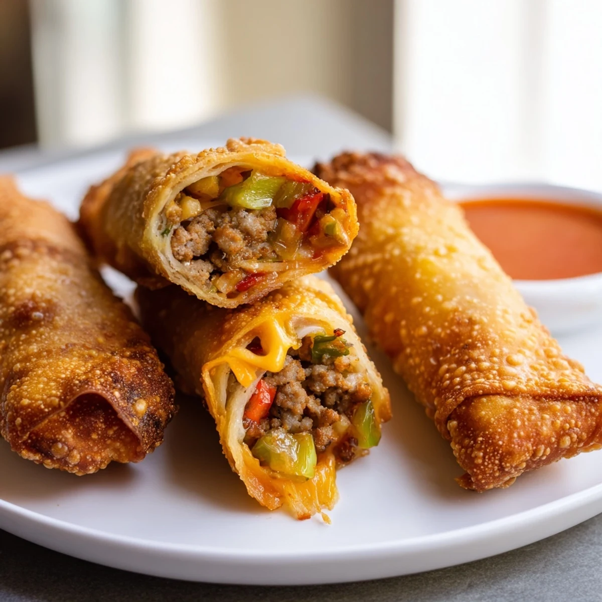Golden crispy voodoo egg rolls stacked on a rustic plate with remoulade dipping sauce nearby