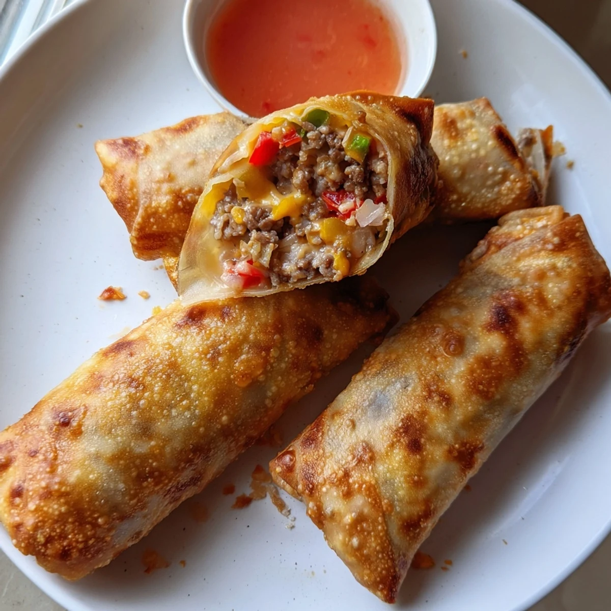 Perfectly fried voodoo egg rolls arranged on parchment paper, their crackly wrappers glistening with heat