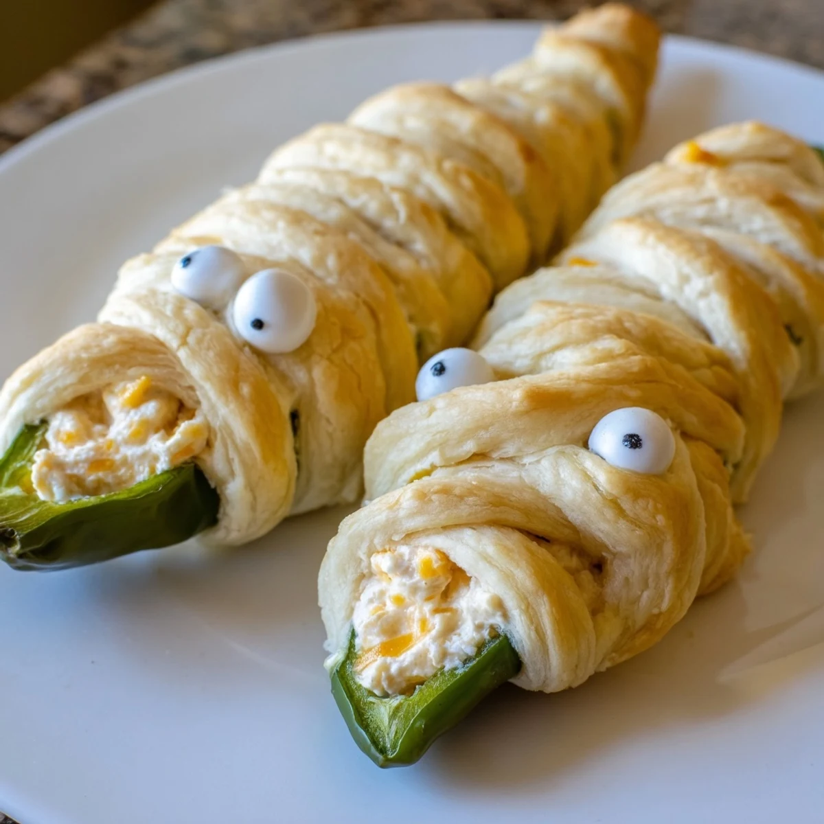 Mummy Jalapeno Poppers with golden crescent dough bandages and candy eyes on a rustic baking sheet
