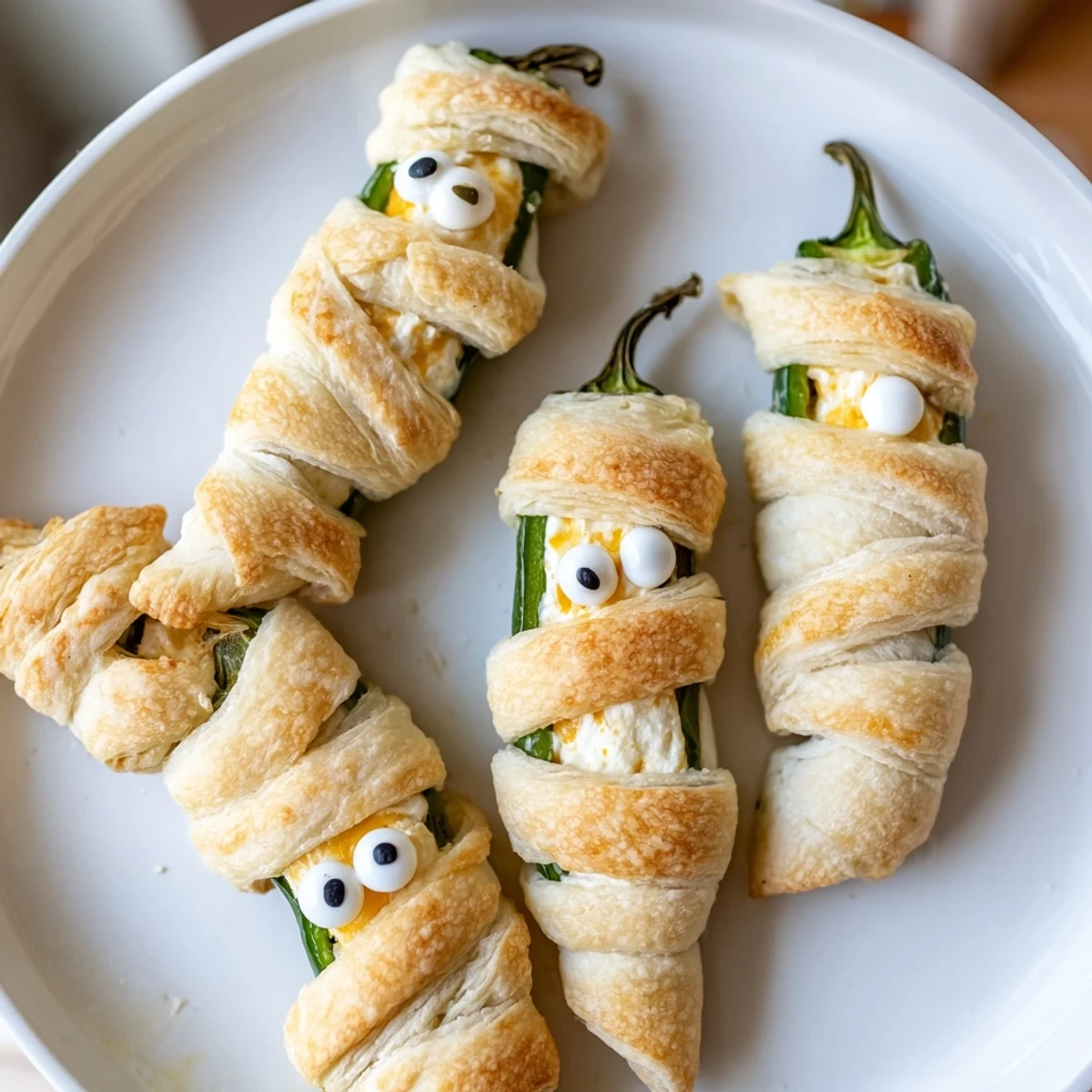 Spooky Mummy Jalapeno Poppers arranged on a platter with creamy cheese oozing from crispy pastry