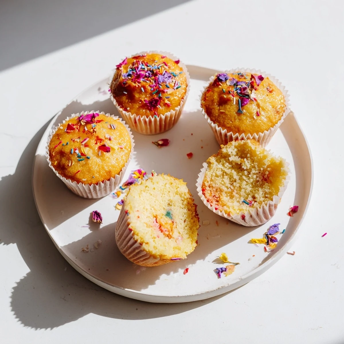 Colorful Steamed Blooming Cupcakes garnished with sprinkles served on a cooling rack