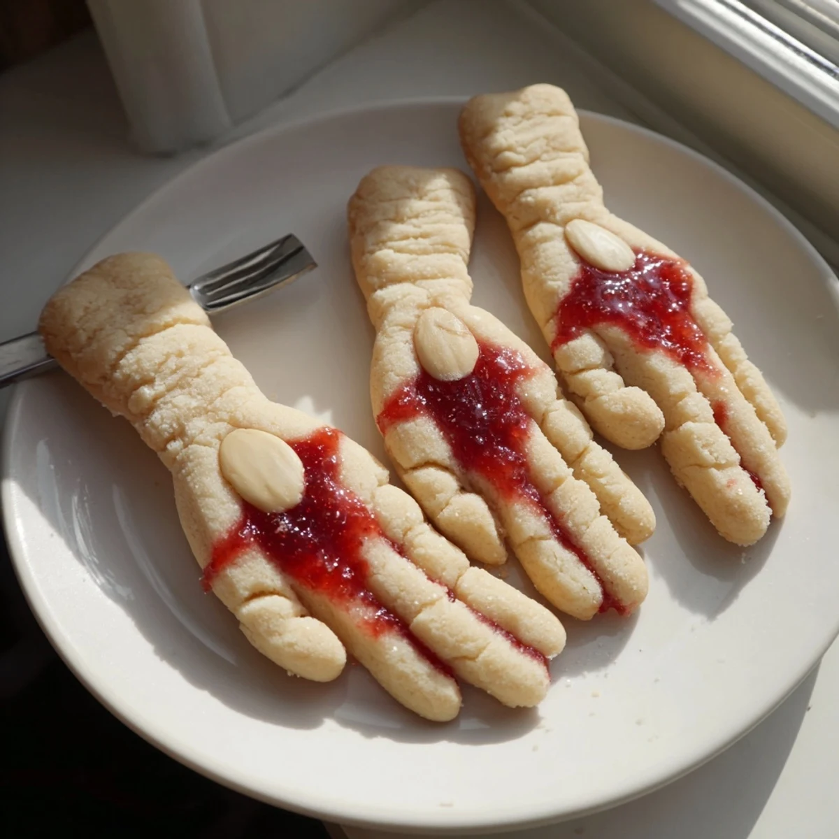 Creepy Witch Finger Cookies with bloody red almond nails on a rustic baking sheet