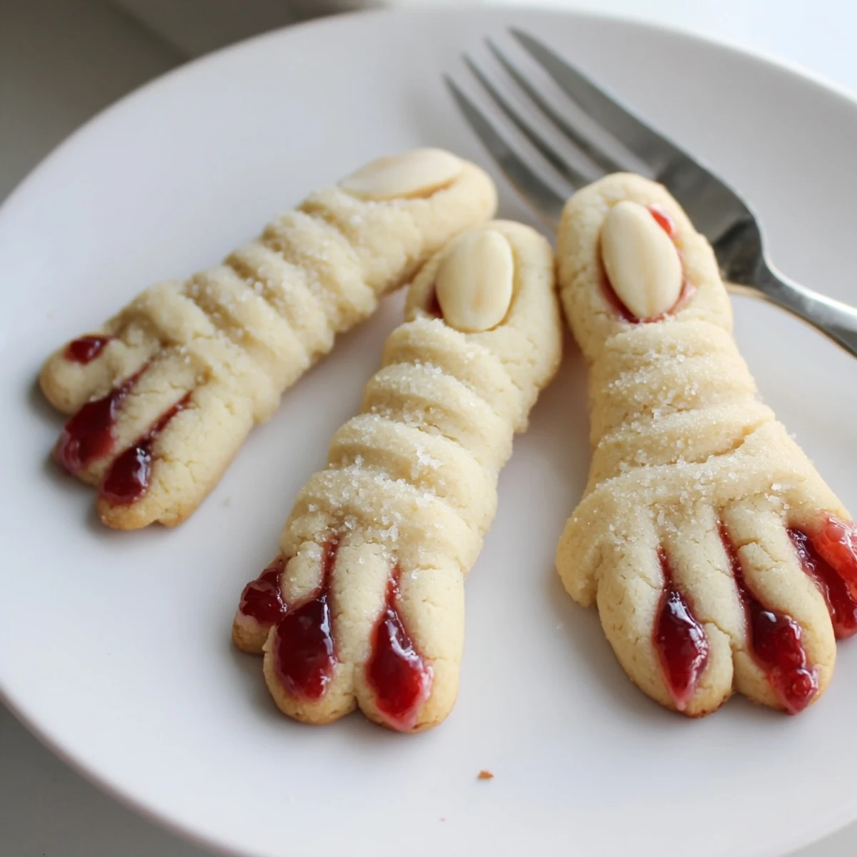 Golden creepy Witch Finger Cookies arranged on parchment with ghoulish green-tinted dough details