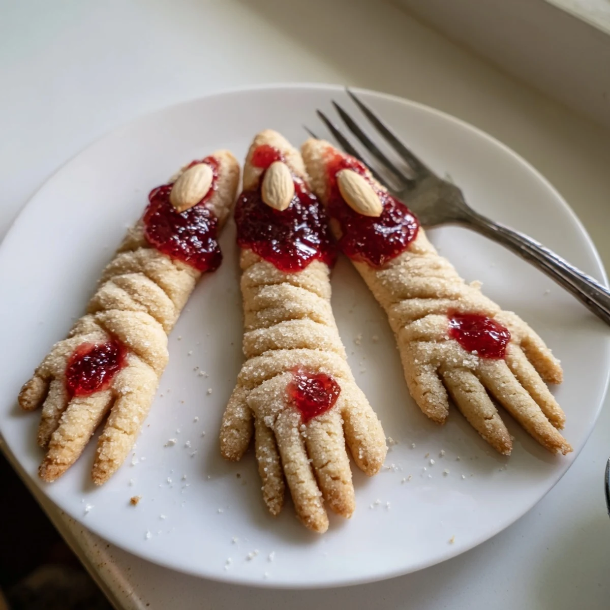 A plate of Creepy Witch Finger Cookies dusted with sugar beside a steaming mug of cider