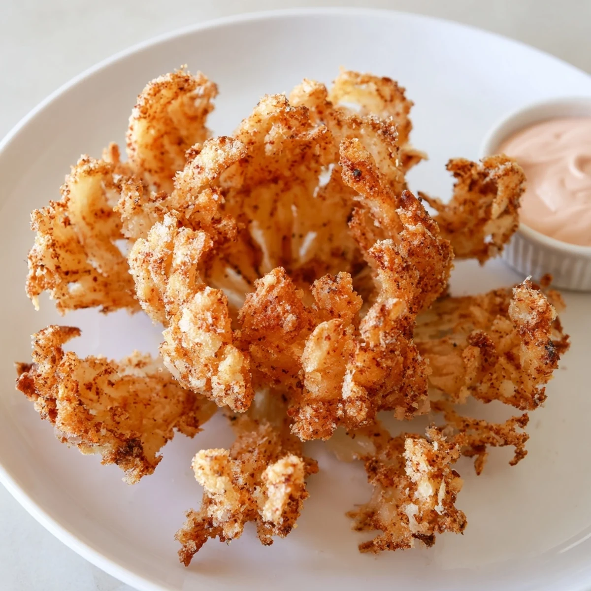 Golden crispy mini bloomin onions served hot with spicy horseradish dipping sauce.