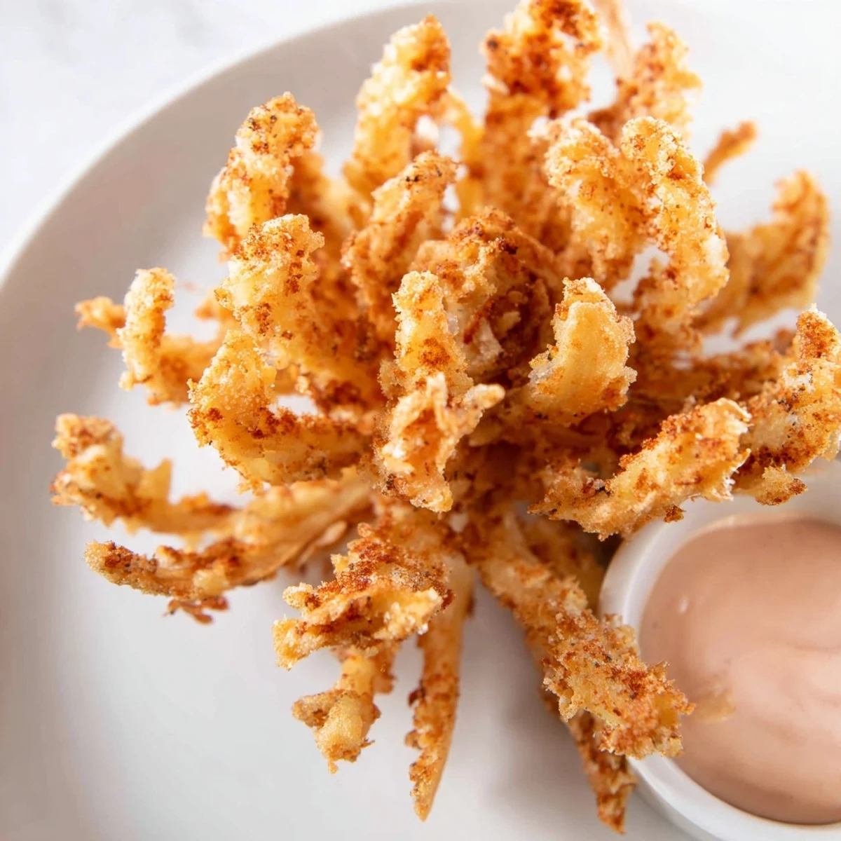 Crispy mini bloomin onions recipe showcasing golden battered onions ready for party dipping.