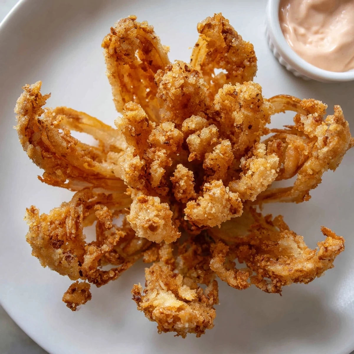 Deep-fried mini bloomin onions with crunchy petal layers arranged on a white plate.
