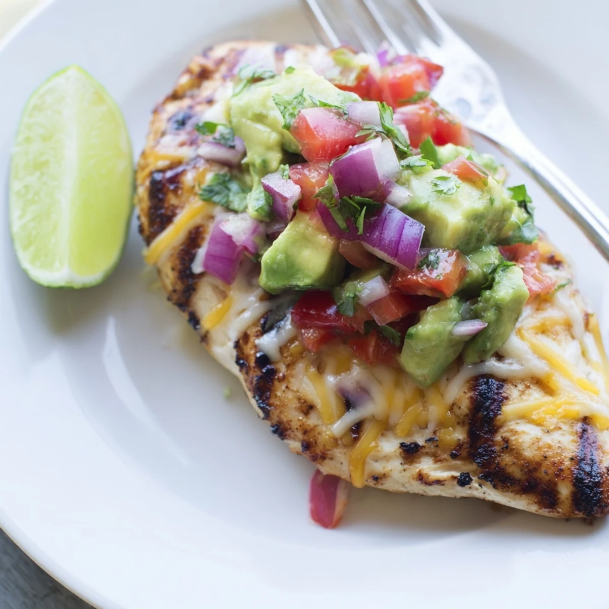Sizzling Fiesta Lime Chicken With Avocado served on a plate with melted cheese and lime wedges.
