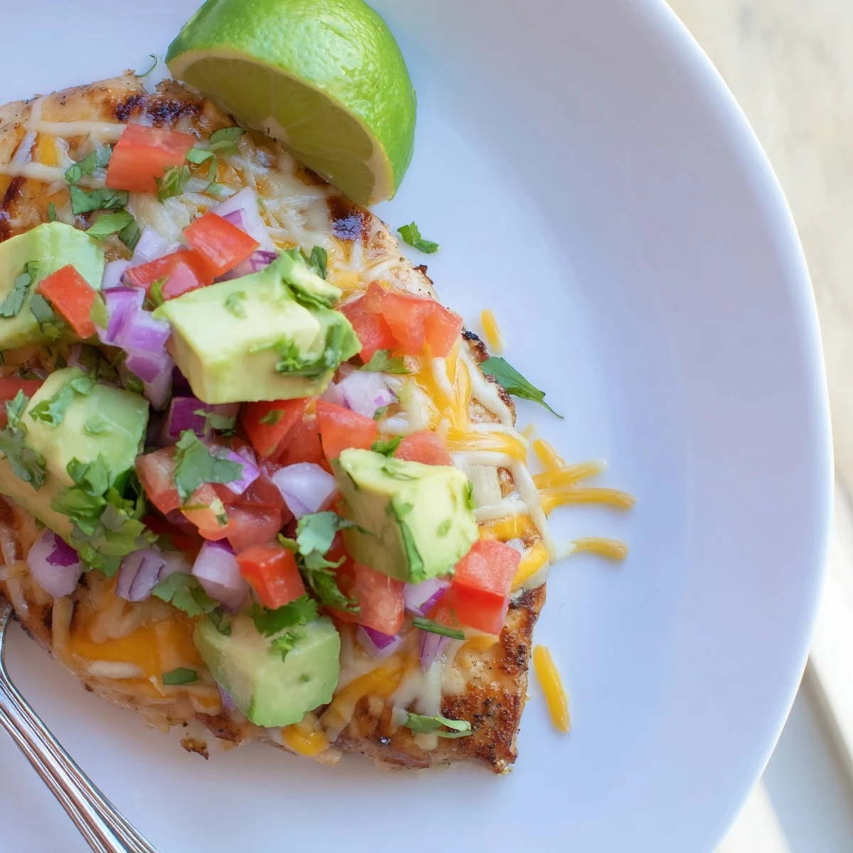 Juicy Fiesta Lime Chicken With Avocado garnished with vibrant tomato avocado salsa and a lime wedge.