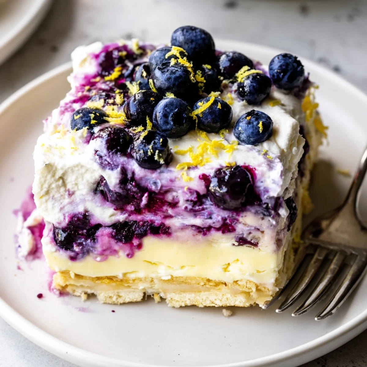 No-bake lemon blueberry lasagna in a glass dish topped with whipped cream and fresh berries