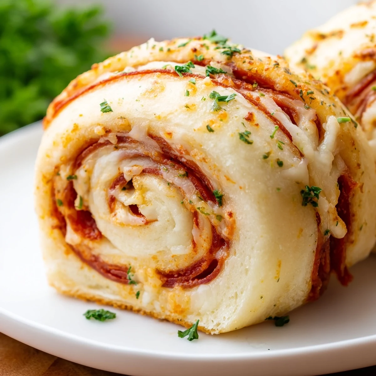 Golden pepperoni pizza roll breadsticks fresh from the oven with bubbling mozzarella