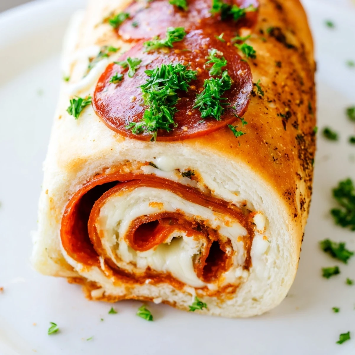 Warm pepperoni pizza roll breadsticks served alongside a bowl of marinara dipping sauce