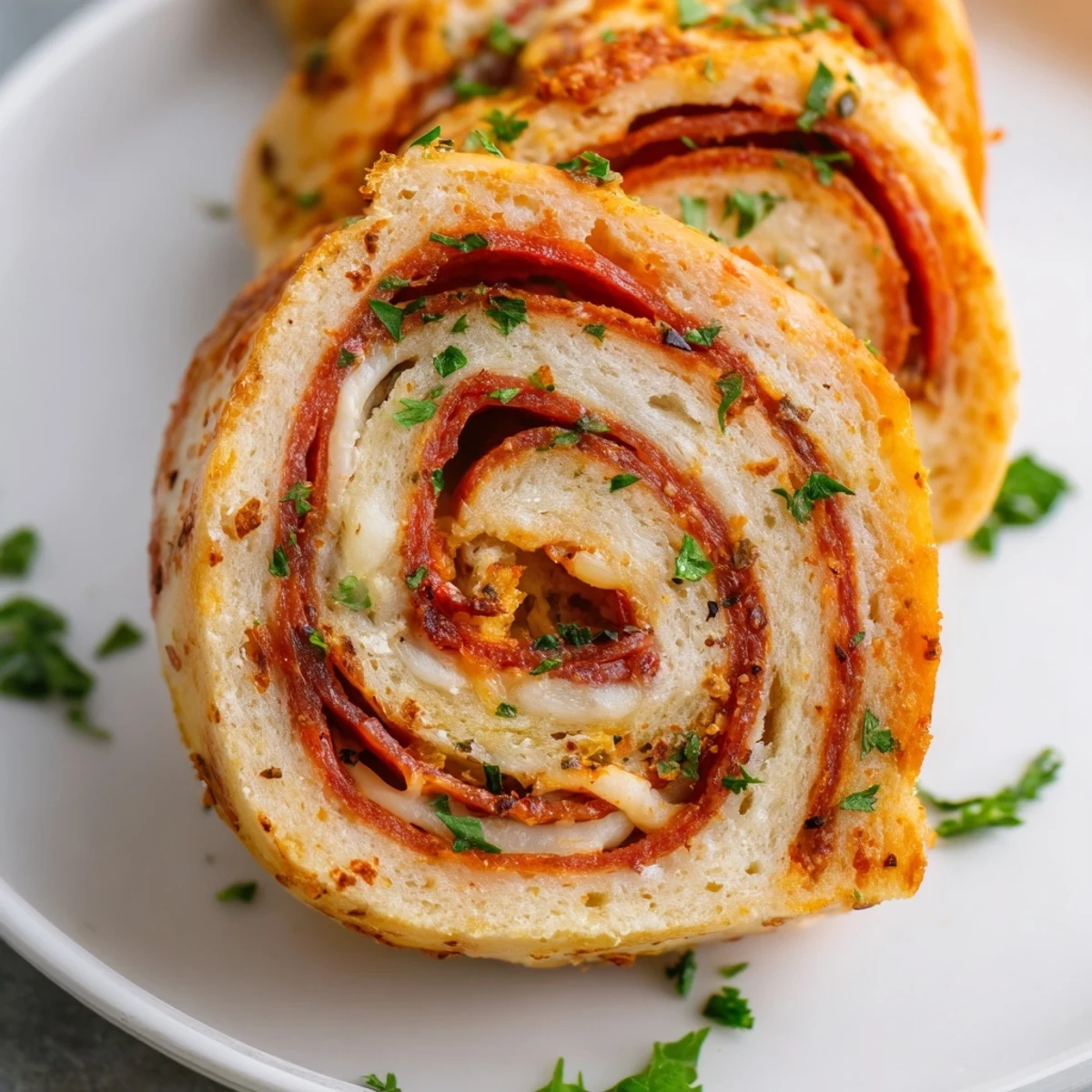 Gooey pepperoni pizza roll breadsticks brushed with garlic butter and sprinkled with parsley