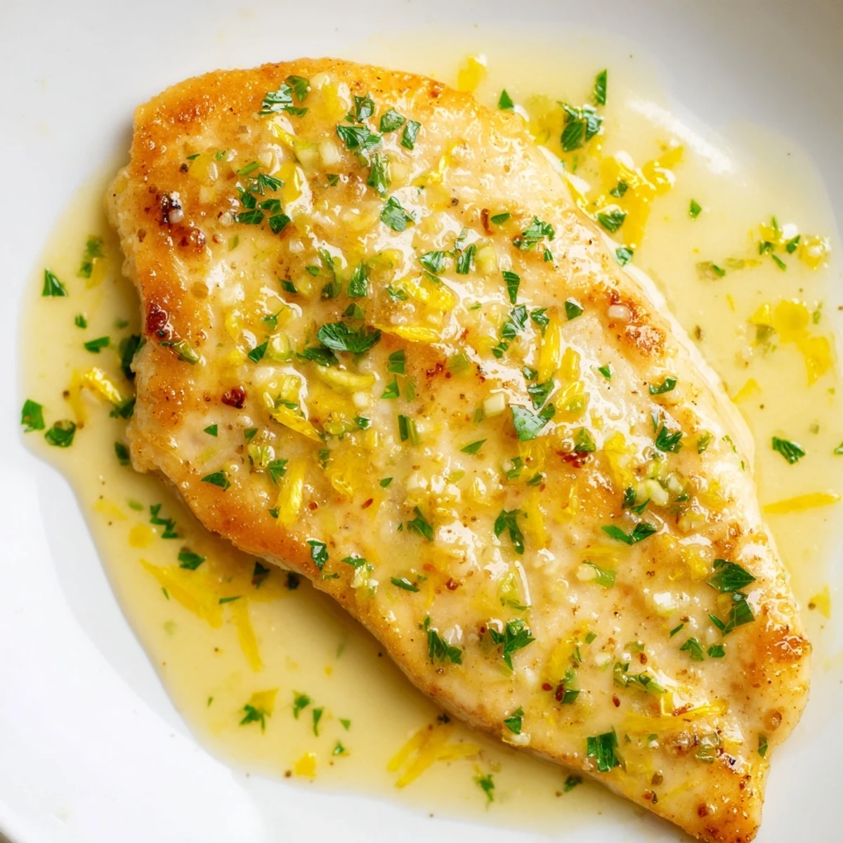 Golden lemon garlic butter chicken draped in a glossy pan sauce with fresh parsley