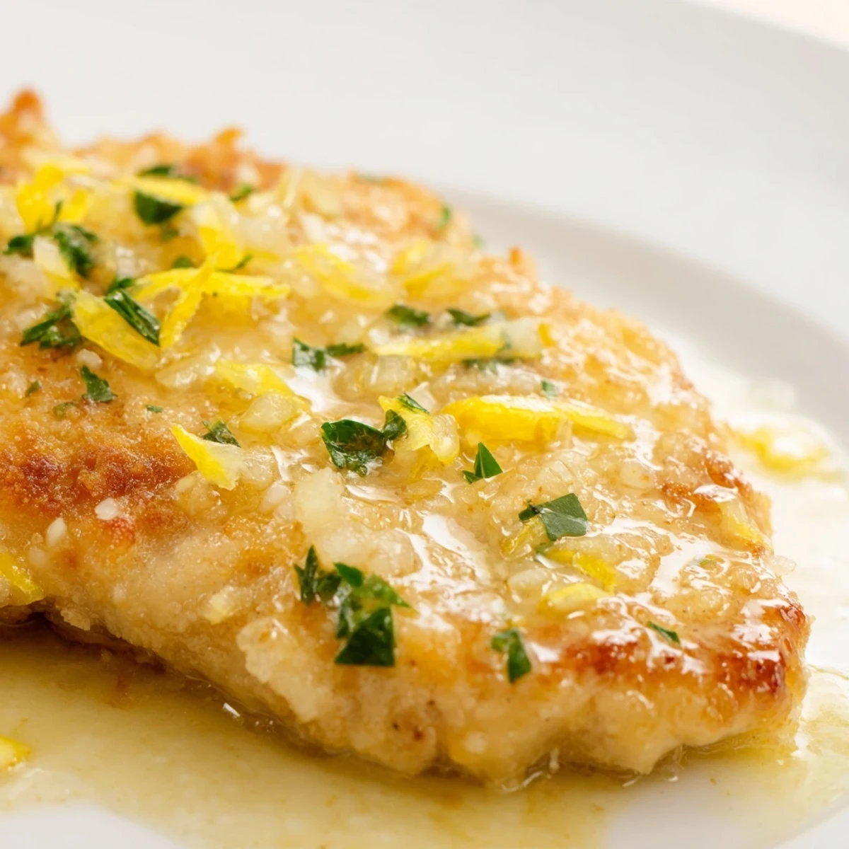 Sliced lemon garlic butter chicken served over rice with a bright citrus garlic drizzle