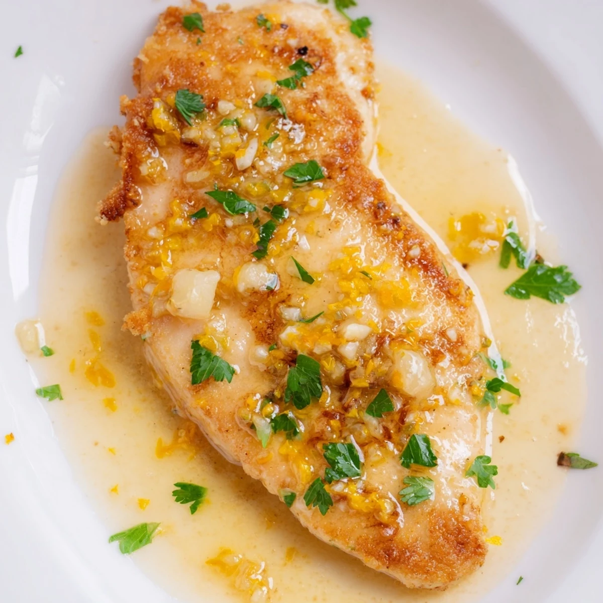 Crispy-skinned lemon garlic butter chicken in a skillet surrounded by lemon slices and herbs