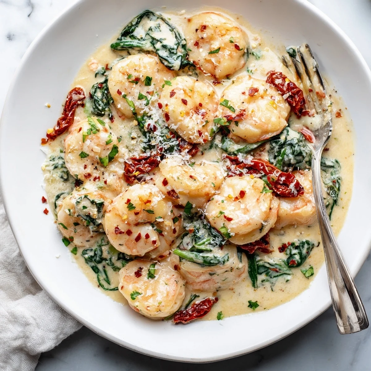 Golden shrimp nestled in a rich Parmesan cream sauce with sun-dried tomatoes and wilted spinach for keto creamy Tuscan shrimp