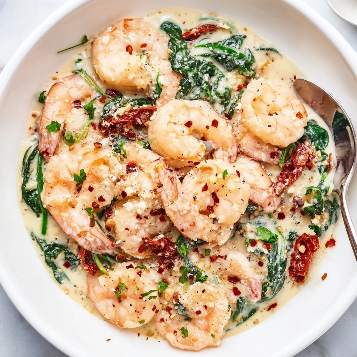 A skillet of keto creamy Tuscan shrimp garnished with fresh parsley beside a glass of crisp Sauvignon Blanc
